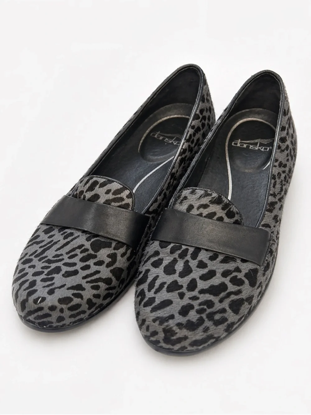 Dansko‎ Leopard-Print Gray & Black Leather Calf Hair Loafers Sz. 39
